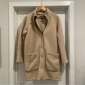 Quince Cream Teddy Bear Fabric Zip Up Long Coat | S